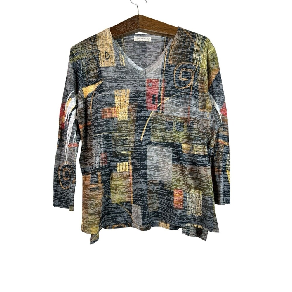 Jess & Jane Women XL Top Geometric Print Lightweight Boho Lagenlook Artsy V Neck